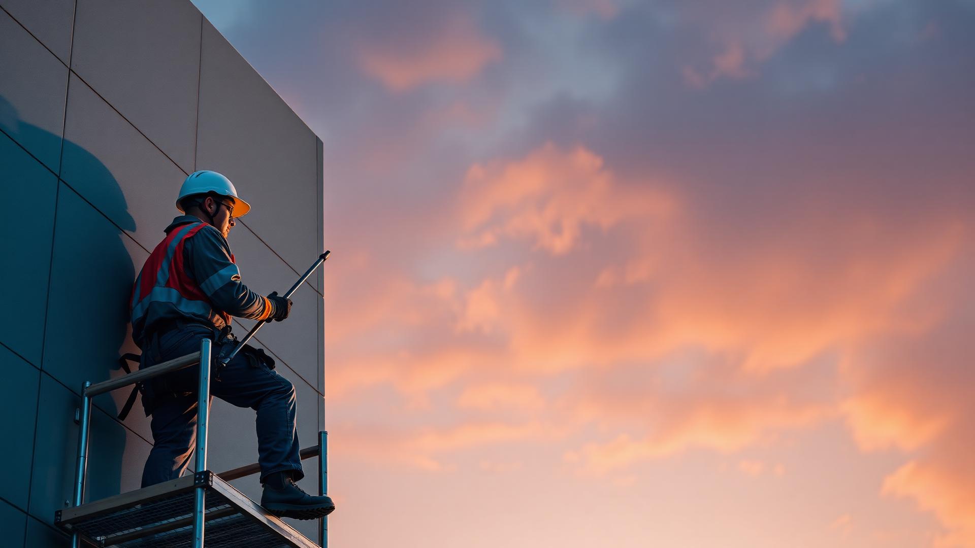 Professional painter on scaffolding at sunset